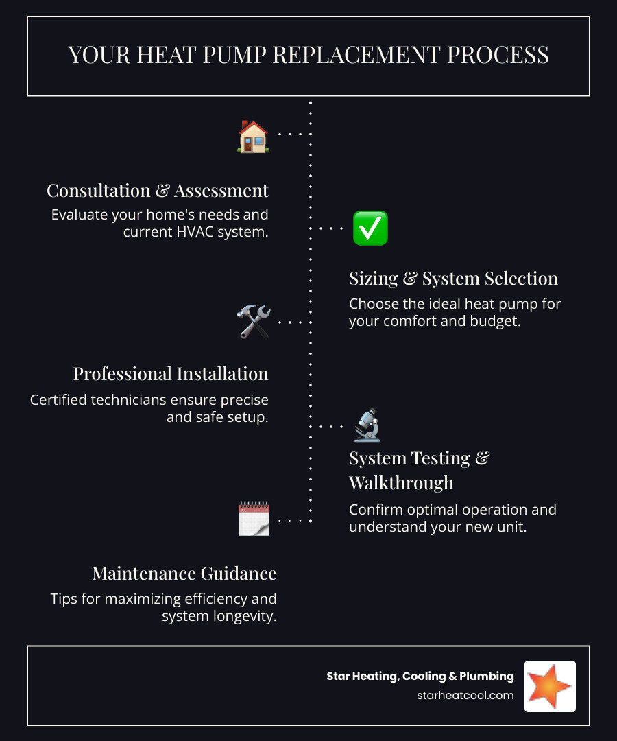 Infographic showing the heat pump replacement process: 1) Free consultation and home assessment 2) System sizing and selection based on your home's needs 3) Professional installation by certified technicians 4) System testing and homeowner walkthrough 5) Ongoing maintenance recommendations for maximum efficiency and longevity - heat pump replacement in southport in infographic infographic-line-5-steps-dark Infographic showing the heat pump replacement process: 1) Free consultation and home assessment 2) System sizing and selection based on your home's needs 3) Professional installation by certified technicians 4) System testing and homeowner walkthrough 5) Ongoing maintenance recommendations for maximum efficiency and longevity - heat pump replacement in southport in infographic infographic-line-5-steps-dark