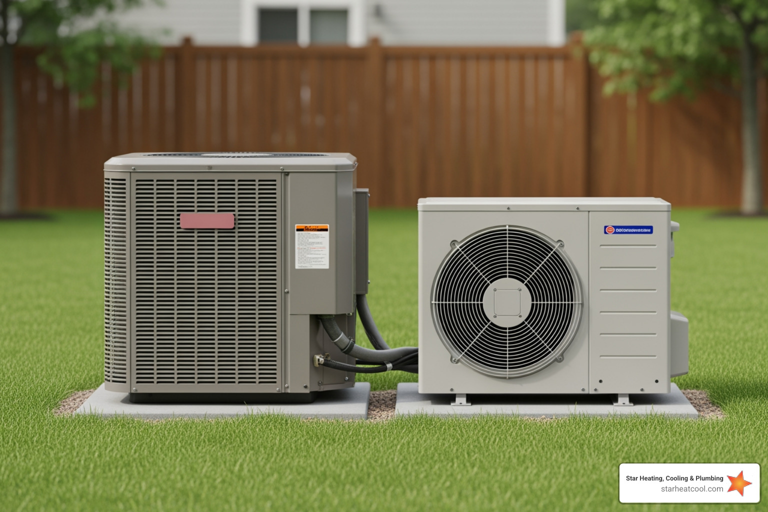 A standard split system outdoor unit and a ductless mini-split unit side-by-side - heat pump replacement in southport in A standard split system outdoor unit and a ductless mini-split unit side-by-side - heat pump replacement in southport in