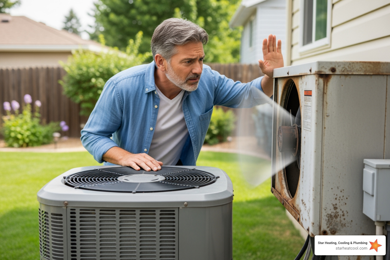 A homeowner looking concerned at an old, noisy outdoor HVAC unit - heat pump replacement in southport in A homeowner looking concerned at an old, noisy outdoor HVAC unit - heat pump replacement in southport in