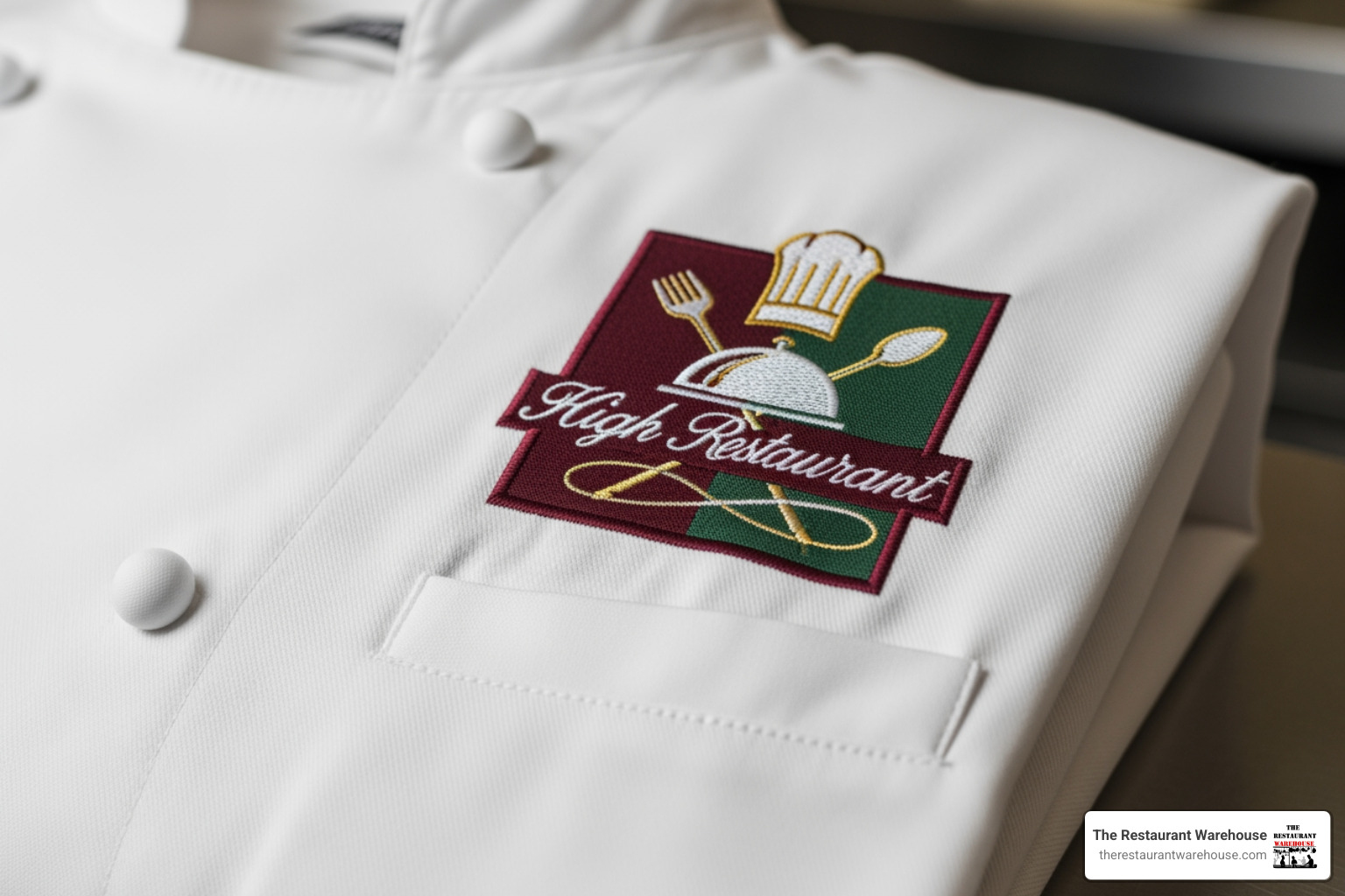 Chef's coat with a beautifully embroidered restaurant logo on the chest - restaurant chef uniform