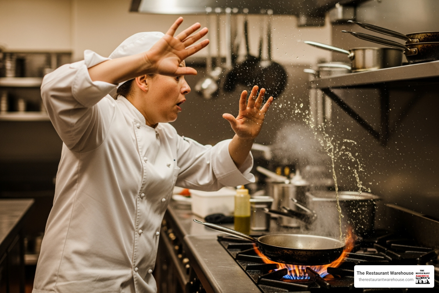 Chef in a white chef coat protecting themselves from a splash from a hot pan - restaurant chef uniform