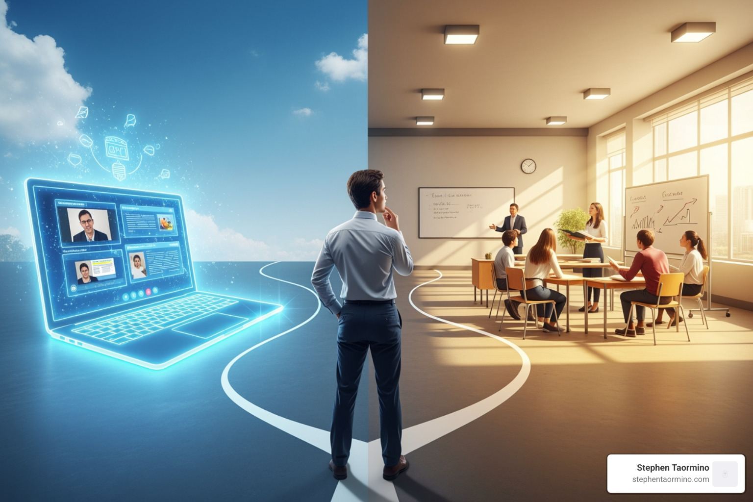 person choosing between online and in-person courses - communication skills training