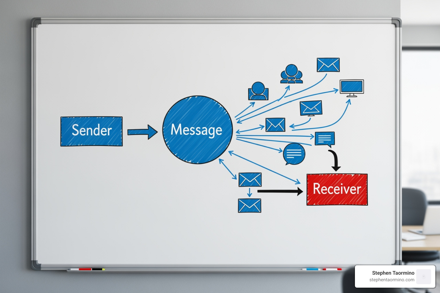 whiteboard with communication process diagram - communication skills training
