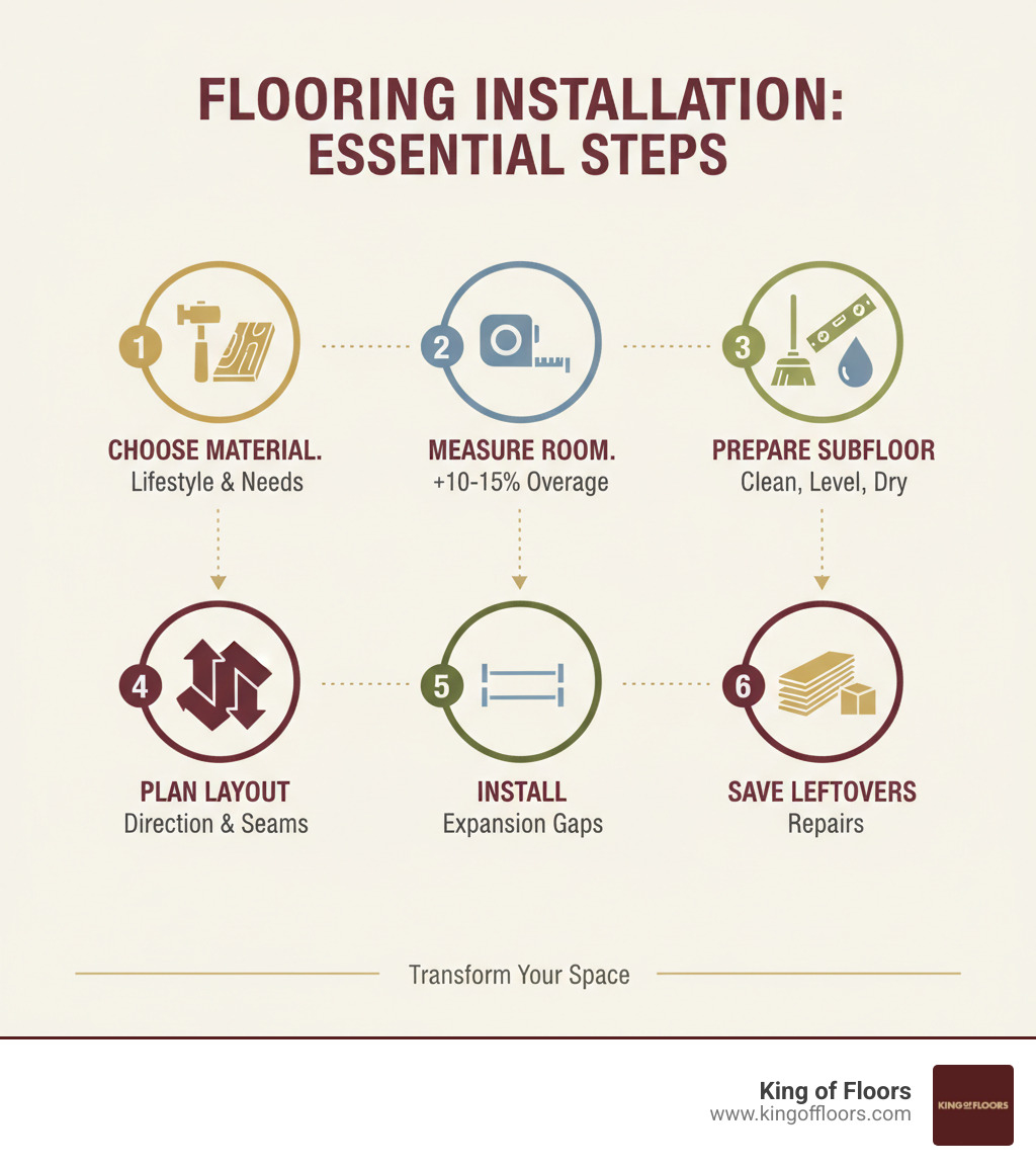 Infographic showing the essential steps for flooring installation: 1. Choose your material based on lifestyle needs, 2. Measure room and add 10-15% overage, 3. Prepare subfloor (clean, level, repair, dry), 4. Plan layout direction and stagger seams, 5. Install with proper expansion gaps, 6. Save leftover materials for repairs - Flooring tips infographic Infographic showing the essential steps for flooring installation: 1. Choose your material based on lifestyle needs, 2. Measure room and add 10-15% overage, 3. Prepare subfloor (clean, level, repair, dry), 4. Plan layout direction and stagger seams, 5. Install with proper expansion gaps, 6. Save leftover materials for repairs - Flooring tips infographic