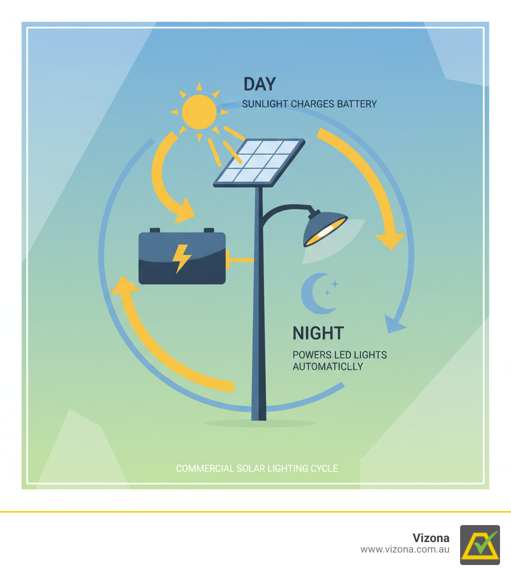 How commercial solar lighting works: sunlight charges the battery during the day, powering LED lights automatically at night - Commercial solar solutions infographic 