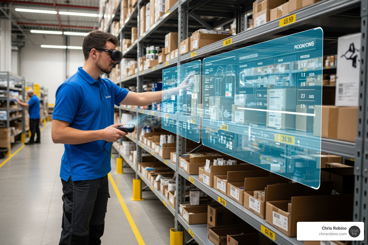 Employees in a warehouse using AR glasses for order picking - AR VR business
