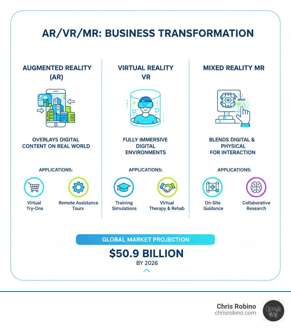 Infographic showing the key differences between AR (overlaying digital content on the real world), VR (fully immersive digital environments), and Mixed Reality (blending digital objects with physical space for interaction), along with business applications for each technology type and the global market size projection of $50.9 billion by 2026 - AR VR business infographic 