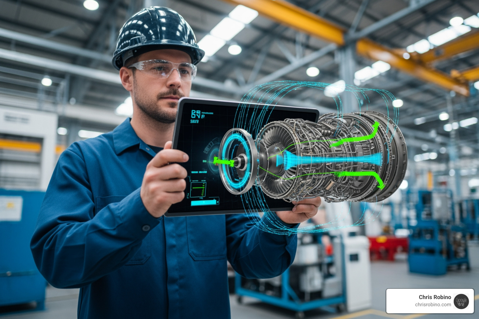 A digital twin of a jet engine being inspected on a tablet using AR - AR VR business