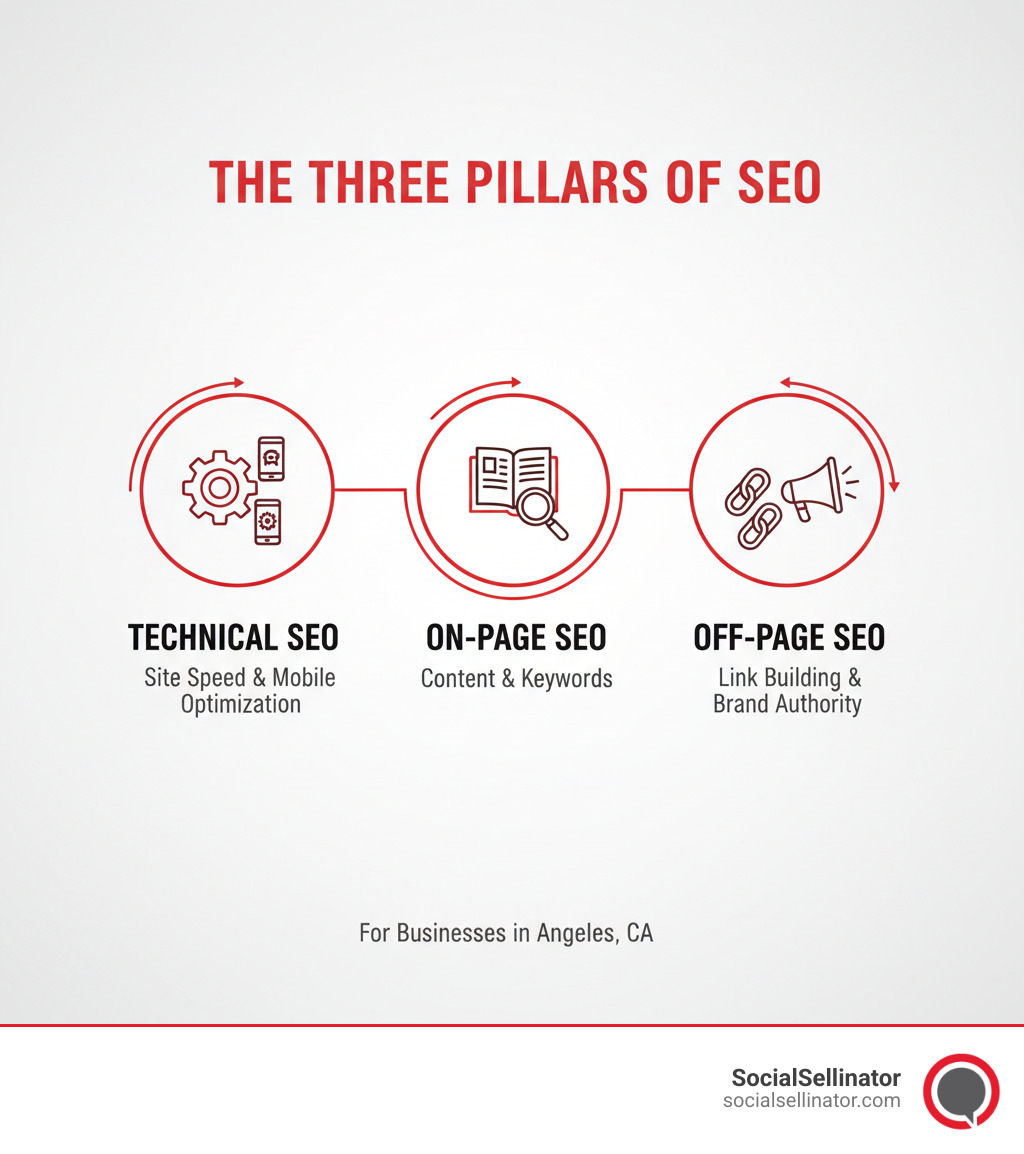 Infographic showing the three pillars of SEO: Technical SEO including site speed and mobile optimization, On-Page SEO including content and keywords, and Off-Page SEO including link building and brand authority - seo agency los angeles ca infographic 