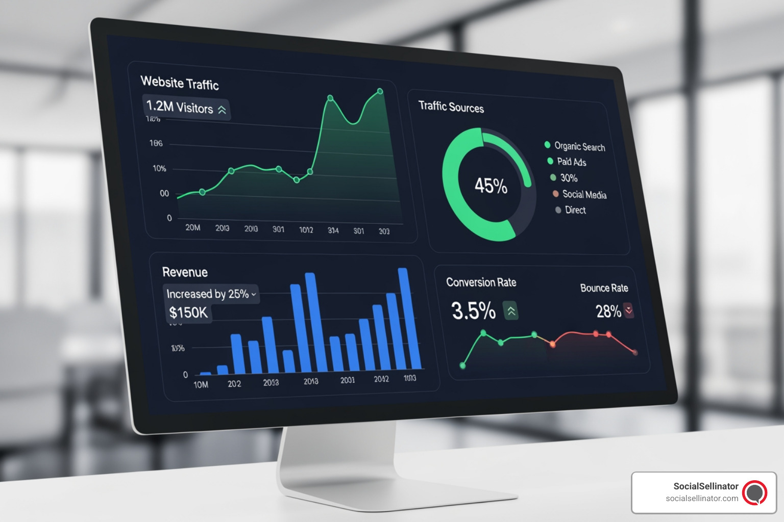 Digital marketing dashboard showing graphs of increasing traffic and revenue with a focus on key performance indicators - seo agency los angeles ca