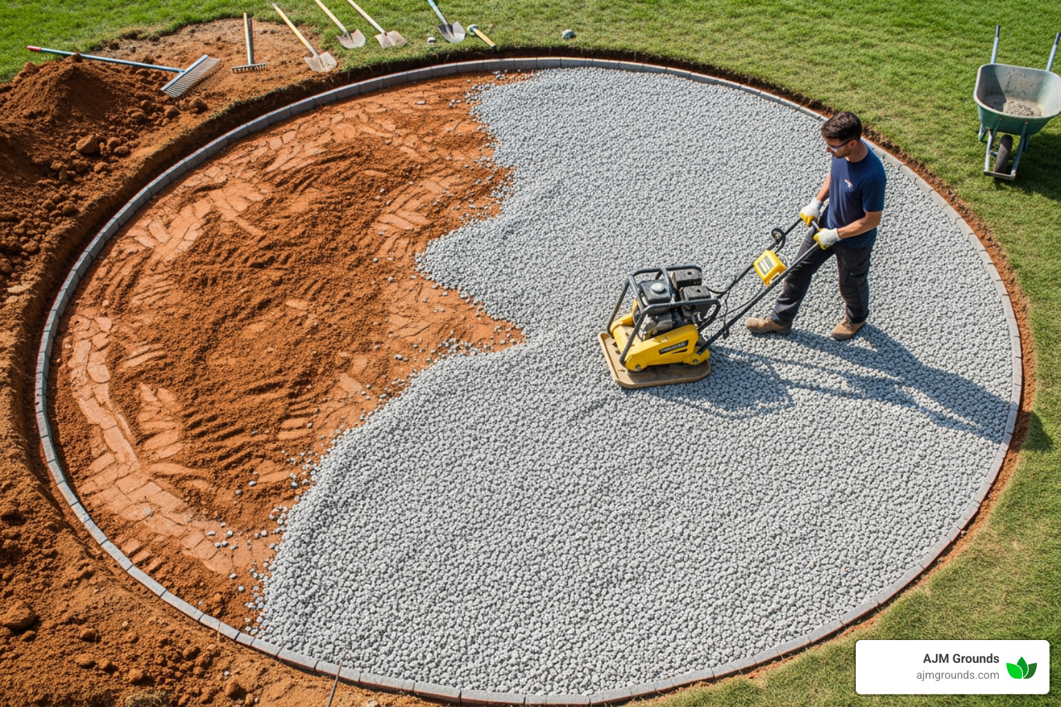 excavating the circular area and laying the compacted gravel base - how to install a circular paver patio