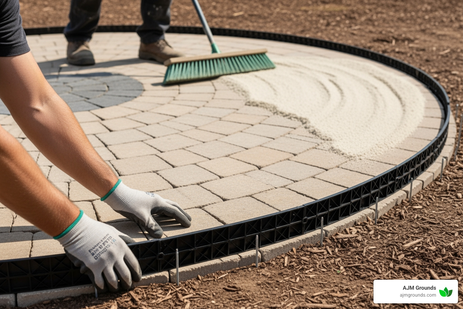 installing plastic edge restraint and sweeping polymeric sand into the joints - how to install a circular paver patio