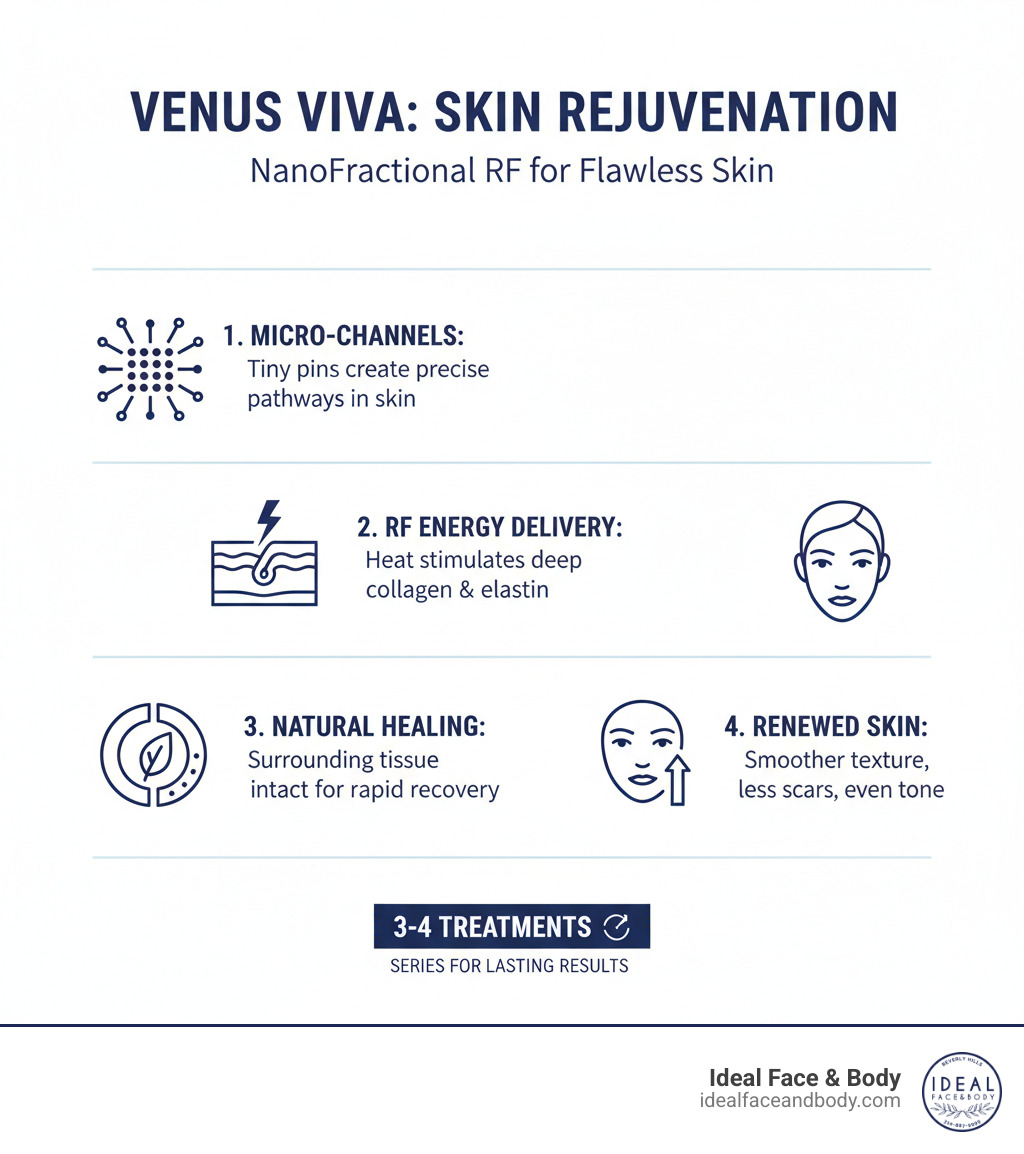 Infographic showing how Venus Viva's NanoFractional RF technology creates micro-channels in the skin, delivering radiofrequency energy to stimulate collagen and elastin production in deeper layers while leaving surrounding tissue intact for faster healing, resulting in smoother texture, reduced scarring, and improved skin tone over a series of 3-4 treatments - Venus Viva Treatments Beverly Hills infographic Infographic showing how Venus Viva's NanoFractional RF technology creates micro-channels in the skin, delivering radiofrequency energy to stimulate collagen and elastin production in deeper layers while leaving surrounding tissue intact for faster healing, resulting in smoother texture, reduced scarring, and improved skin tone over a series of 3-4 treatments - Venus Viva Treatments Beverly Hills infographic