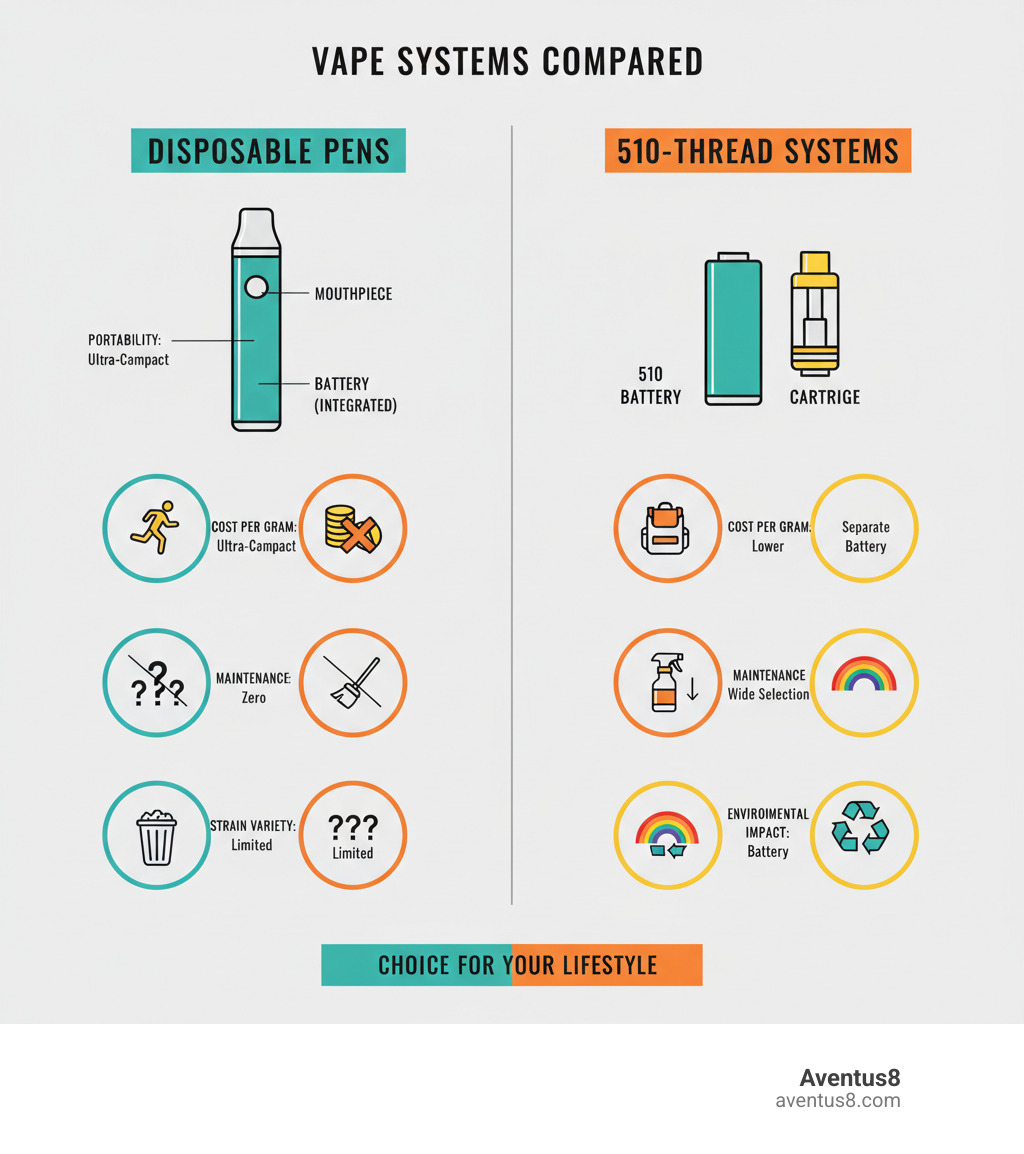 Infographic comparing disposable vape pens and 510-thread cartridge systems, showing side-by-side illustrations of each device type with labeled components (battery, oil chamber, mouthpiece for disposables; separate battery and cartridge for 510-thread systems), key differences in portability, cost per gram, maintenance requirements, strain variety, and environmental impact - THC disposable pen reviews infographic Infographic comparing disposable vape pens and 510-thread cartridge systems, showing side-by-side illustrations of each device type with labeled components (battery, oil chamber, mouthpiece for disposables; separate battery and cartridge for 510-thread systems), key differences in portability, cost per gram, maintenance requirements, strain variety, and environmental impact - THC disposable pen reviews infographic