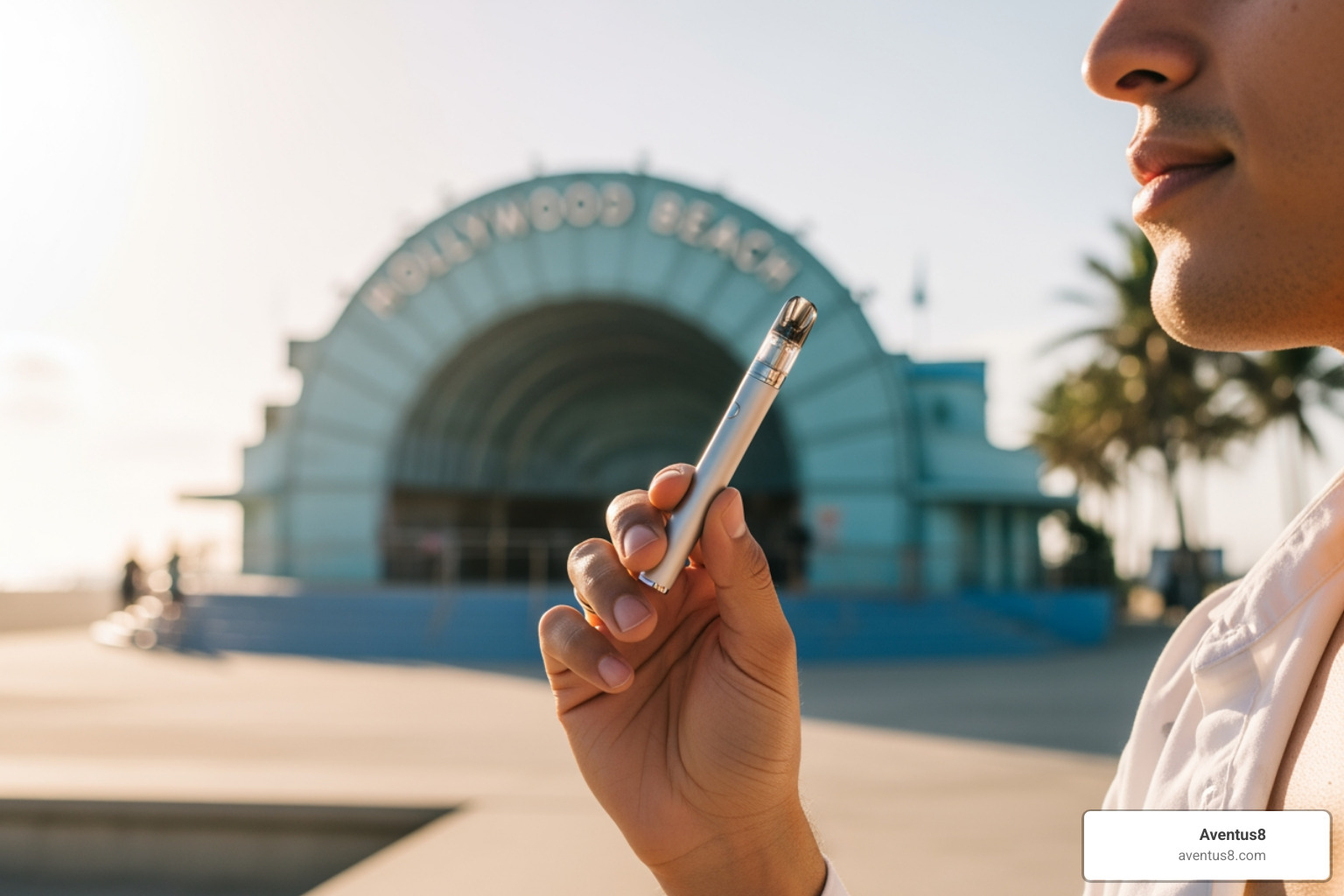 A person discreetly holding a sleek, unbranded vape pen with the Hollywood Beach Bandshell visible in the blurred background, suggesting responsible and enjoyable use in a local setting. - THC disposable pen reviews A person discreetly holding a sleek, unbranded vape pen with the Hollywood Beach Bandshell visible in the blurred background, suggesting responsible and enjoyable use in a local setting. - THC disposable pen reviews