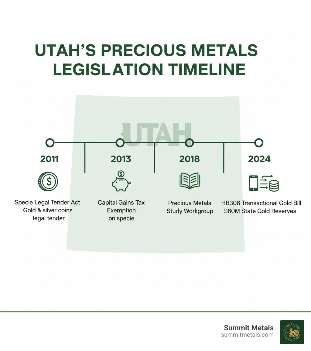Infographic showing the timeline of Utah's precious metals legislation from 2011 to 2024, including the Specie Legal Tender Act, capital gains tax exemptions, the Utah Precious Metals Study Workgroup, HB306 transactional gold bill, and the expansion of state gold reserves to $60 million - utah gold coins legal tender infographic Infographic showing the timeline of Utah's precious metals legislation from 2011 to 2024, including the Specie Legal Tender Act, capital gains tax exemptions, the Utah Precious Metals Study Workgroup, HB306 transactional gold bill, and the expansion of state gold reserves to $60 million - utah gold coins legal tender infographic