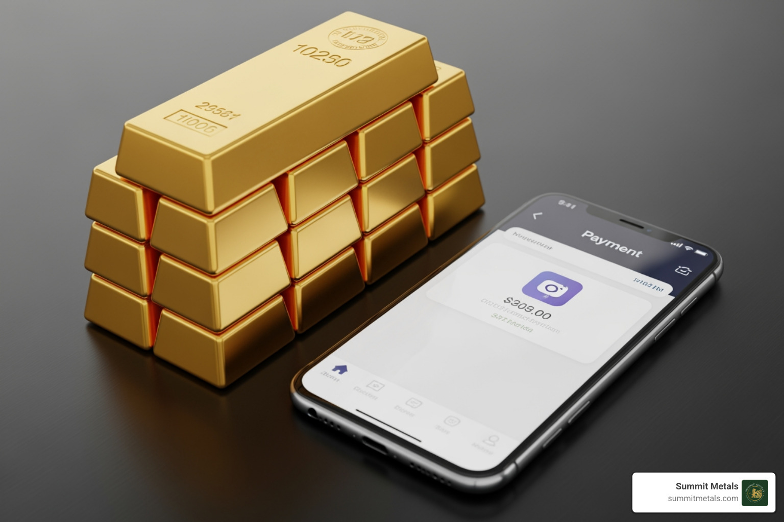 Gold bars next to a smartphone displaying a payment app - utah gold coins legal tender Gold bars next to a smartphone displaying a payment app - utah gold coins legal tender