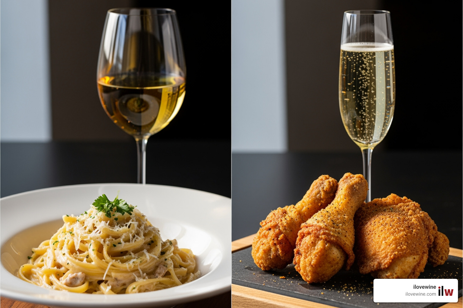 congruent vs. complementary pairings, one side showing a creamy pasta with Chardonnay, the other showing fried chicken with sparkling wine - Wine Food Guides congruent vs. complementary pairings, one side showing a creamy pasta with Chardonnay, the other showing fried chicken with sparkling wine - Wine Food Guides