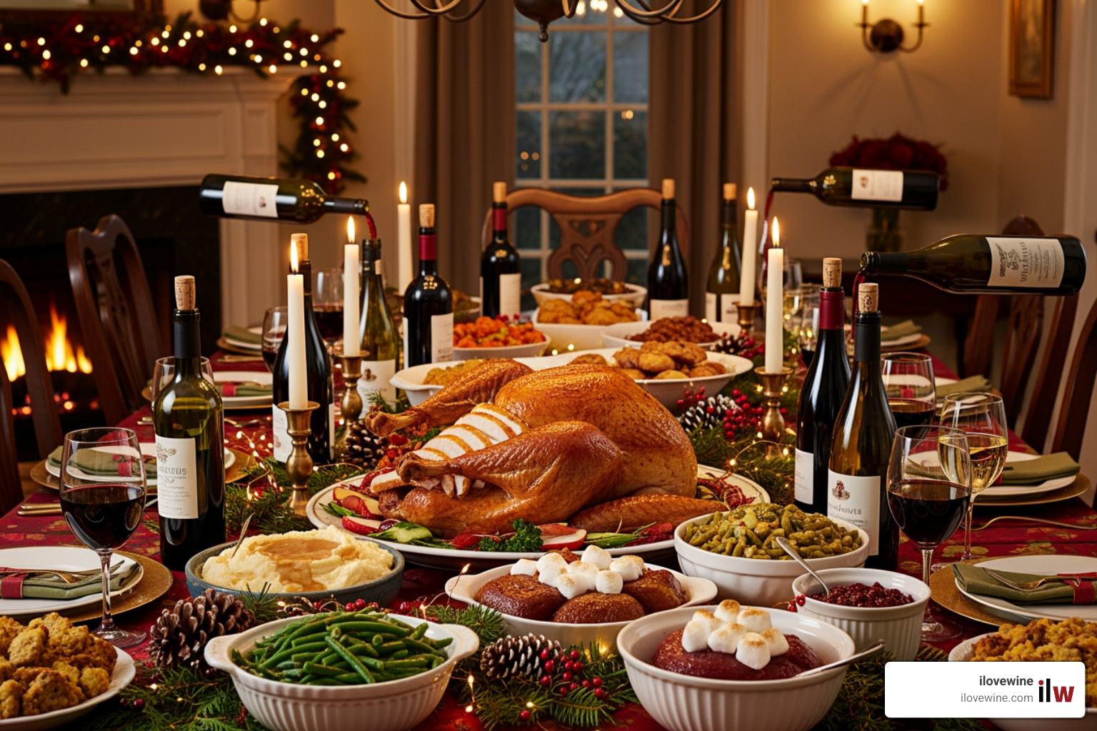 a festive holiday dinner table with a Thanksgiving or Christmas spread and multiple wine bottles - Wine Food Guides a festive holiday dinner table with a Thanksgiving or Christmas spread and multiple wine bottles - Wine Food Guides