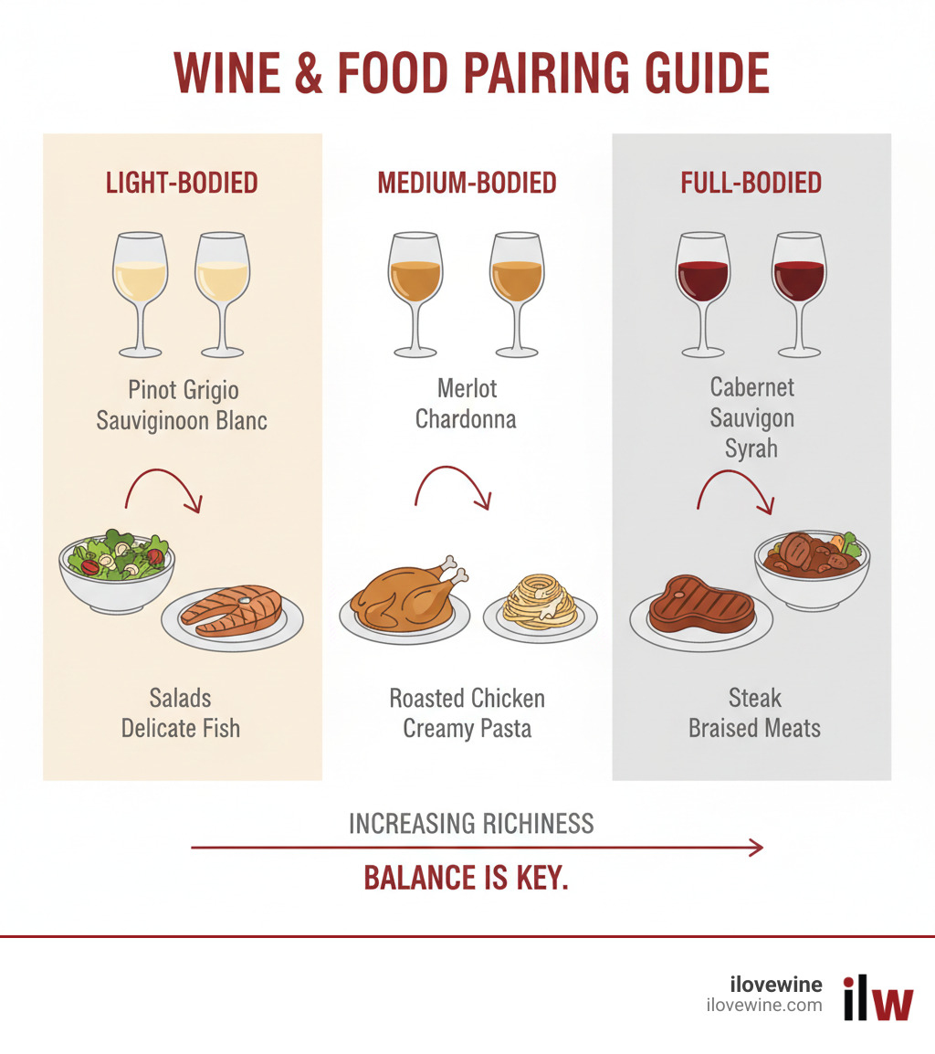 Infographic showing the basic concept of wine and food pairing: light-bodied wines (like Pinot Grigio and Sauvignon Blanc) paired with delicate foods such as salads and fish on the left side; medium-bodied wines (like Merlot and Chardonnay) paired with chicken and pasta with cream sauce in the middle; full-bodied wines (like Cabernet Sauvignon and Syrah) paired with rich, hearty dishes like steak and braised meats on the right side, with arrows connecting each wine category to its ideal food weight - Wine Food Guides infographic Infographic showing the basic concept of wine and food pairing: light-bodied wines (like Pinot Grigio and Sauvignon Blanc) paired with delicate foods such as salads and fish on the left side; medium-bodied wines (like Merlot and Chardonnay) paired with chicken and pasta with cream sauce in the middle; full-bodied wines (like Cabernet Sauvignon and Syrah) paired with rich, hearty dishes like steak and braised meats on the right side, with arrows connecting each wine category to its ideal food weight - Wine Food Guides infographic