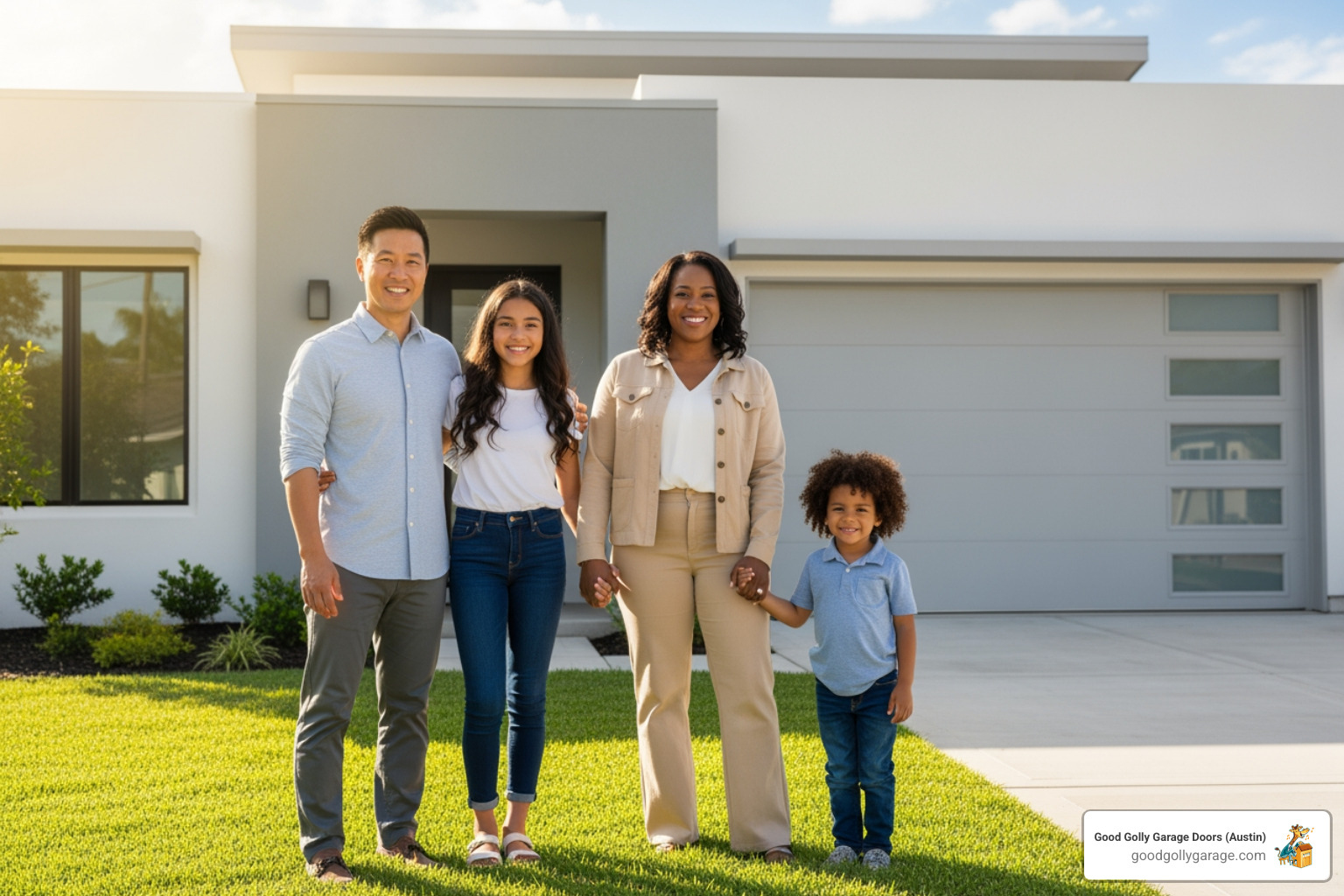A smiling family stands in front of their home, which features a perfectly maintained, modern garage door - garage door maintenance in round rock tx A smiling family stands in front of their home, which features a perfectly maintained, modern garage door - garage door maintenance in round rock tx