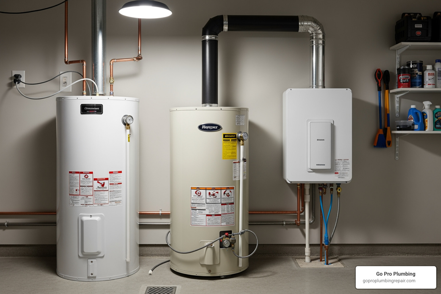 Image showing different types of water heaters: electric tank, gas tank, and tankless units - cost of a hot water tank installed Image showing different types of water heaters: electric tank, gas tank, and tankless units - cost of a hot water tank installed