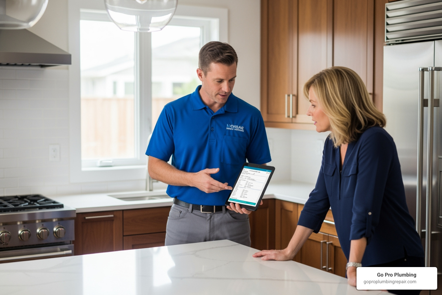 Plumber providing a detailed quote to a homeowner in their kitchen - cost of a hot water tank installed Plumber providing a detailed quote to a homeowner in their kitchen - cost of a hot water tank installed