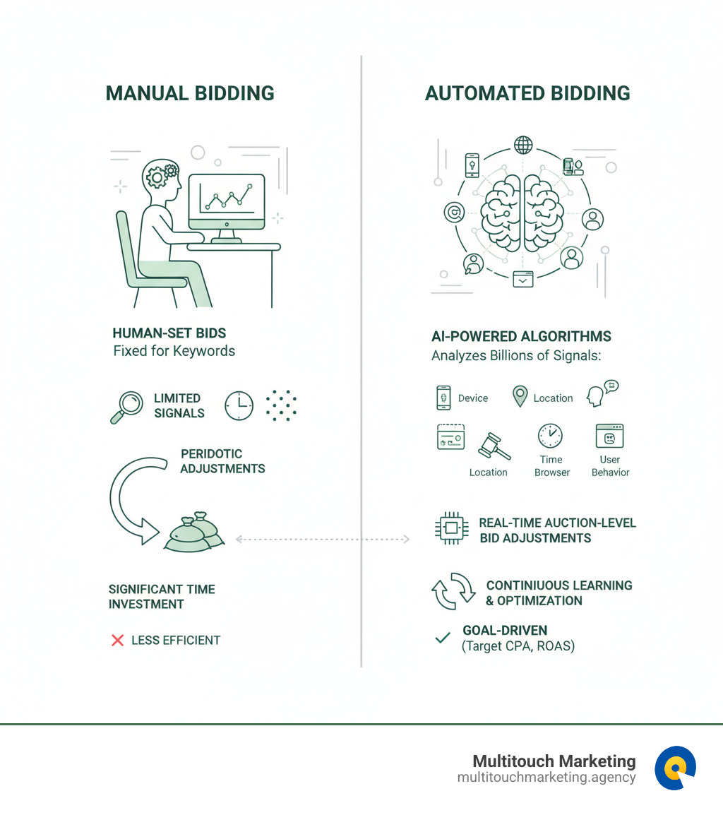 Infographic comparing manual vs automated PPC bidding: Manual bidding shows a person setting fixed bids for keywords with limited signals and periodic adjustments, requiring significant time investment. Automated bidding shows AI analyzing billions of signal combinations including device, location, time, browser, and user behavior, making real-time auction-level bid adjustments to meet goals like Target CPA or Target ROAS, with continuous learning and optimization - Automated PPC bidding infographic 