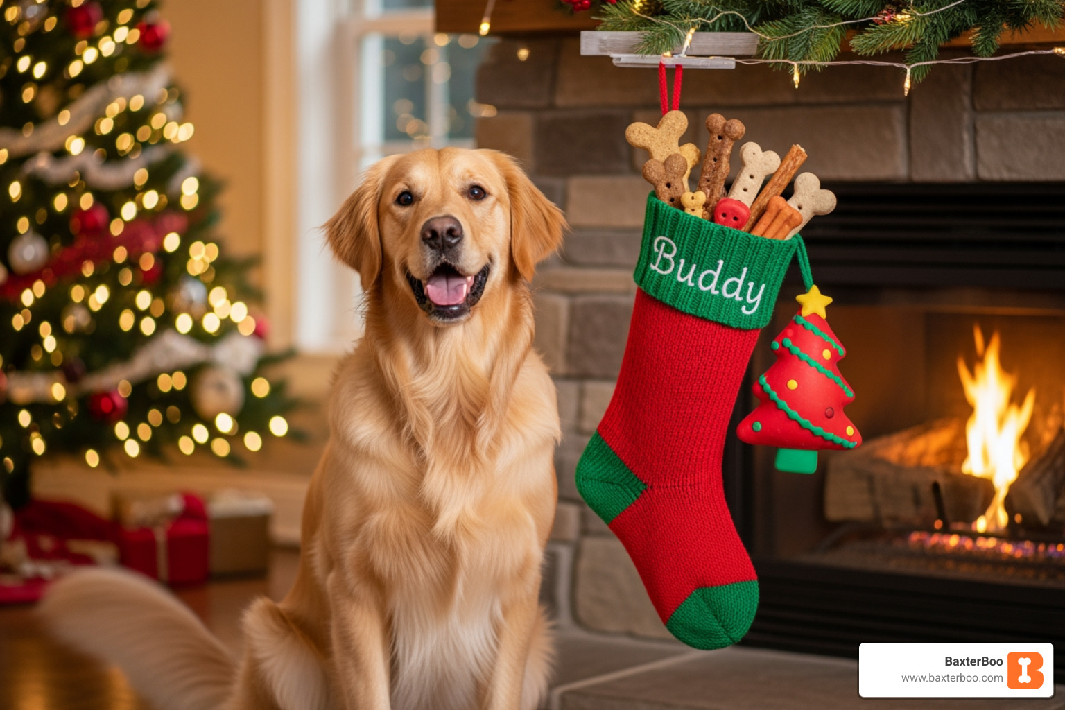 A happy dog next to a personalized Christmas stocking overflowing with festive dog treats and a new squeaky toy, set against a cozy holiday backdrop - Christmas & Holiday Pet Treats A happy dog next to a personalized Christmas stocking overflowing with festive dog treats and a new squeaky toy, set against a cozy holiday backdrop - Christmas & Holiday Pet Treats