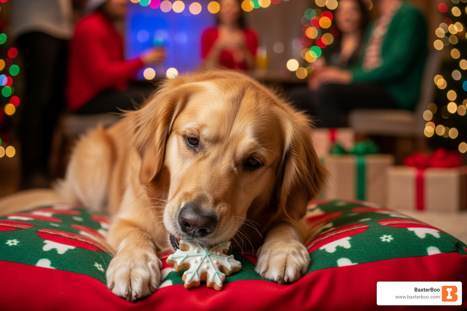 A dog calmly enjoying a festive Christmas treat on its cozy dog bed, away from the bustling holiday party in the background, illustrating safe and controlled treat consumption - Christmas & Holiday Pet Treats A dog calmly enjoying a festive Christmas treat on its cozy dog bed, away from the bustling holiday party in the background, illustrating safe and controlled treat consumption - Christmas & Holiday Pet Treats