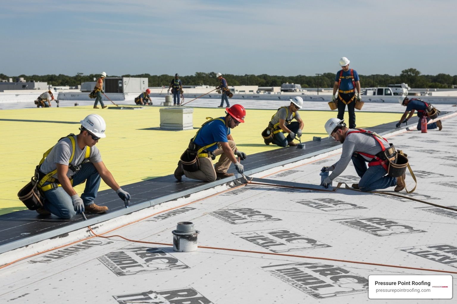 professional team working on a large commercial flat roof - Grants Pass roofing contractors professional team working on a large commercial flat roof - Grants Pass roofing contractors