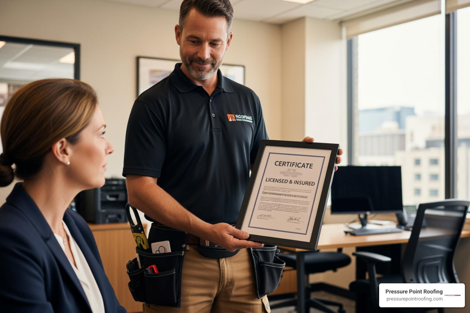 roofing contractor showing a business owner a certificate - Grants Pass roofing contractors roofing contractor showing a business owner a certificate - Grants Pass roofing contractors