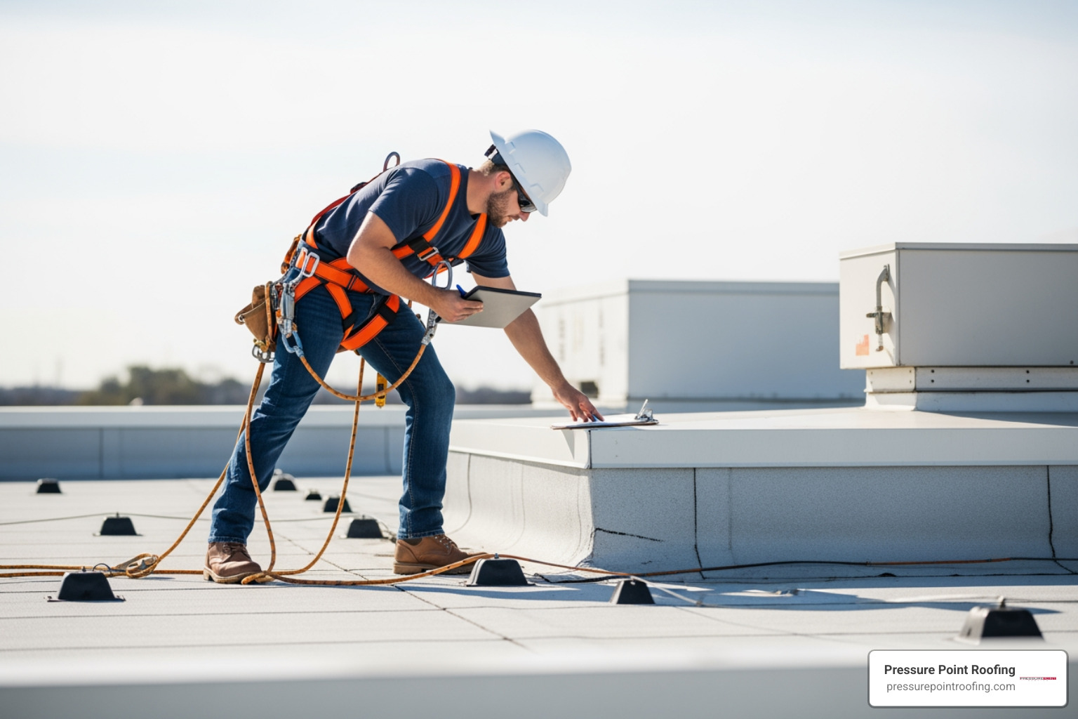 roofing professional safely inspecting a commercial flat roof - commercial roof inspection in phoenix, or roofing professional safely inspecting a commercial flat roof - commercial roof inspection in phoenix, or