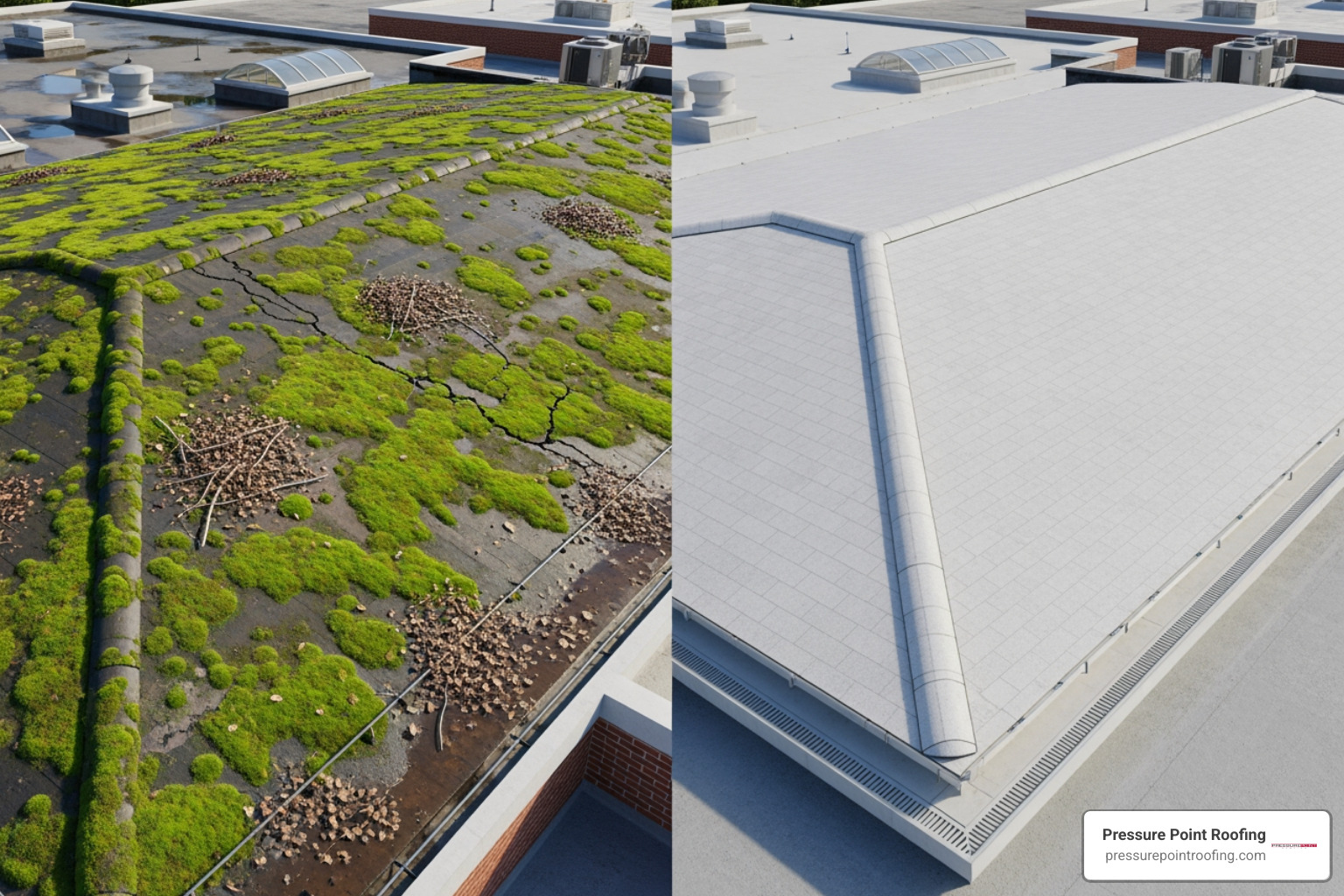 side-by-side of a neglected roof and a well-maintained roof - commercial roof inspection in phoenix, or side-by-side of a neglected roof and a well-maintained roof - commercial roof inspection in phoenix, or