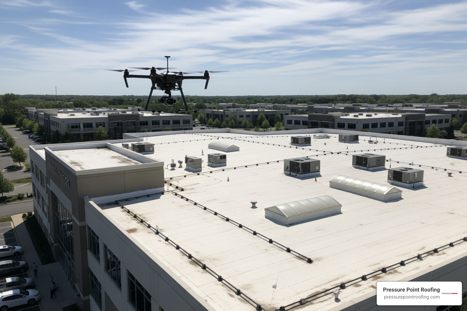 drone flying over a large commercial building for a roof inspection - commercial roof inspection in phoenix, or drone flying over a large commercial building for a roof inspection - commercial roof inspection in phoenix, or