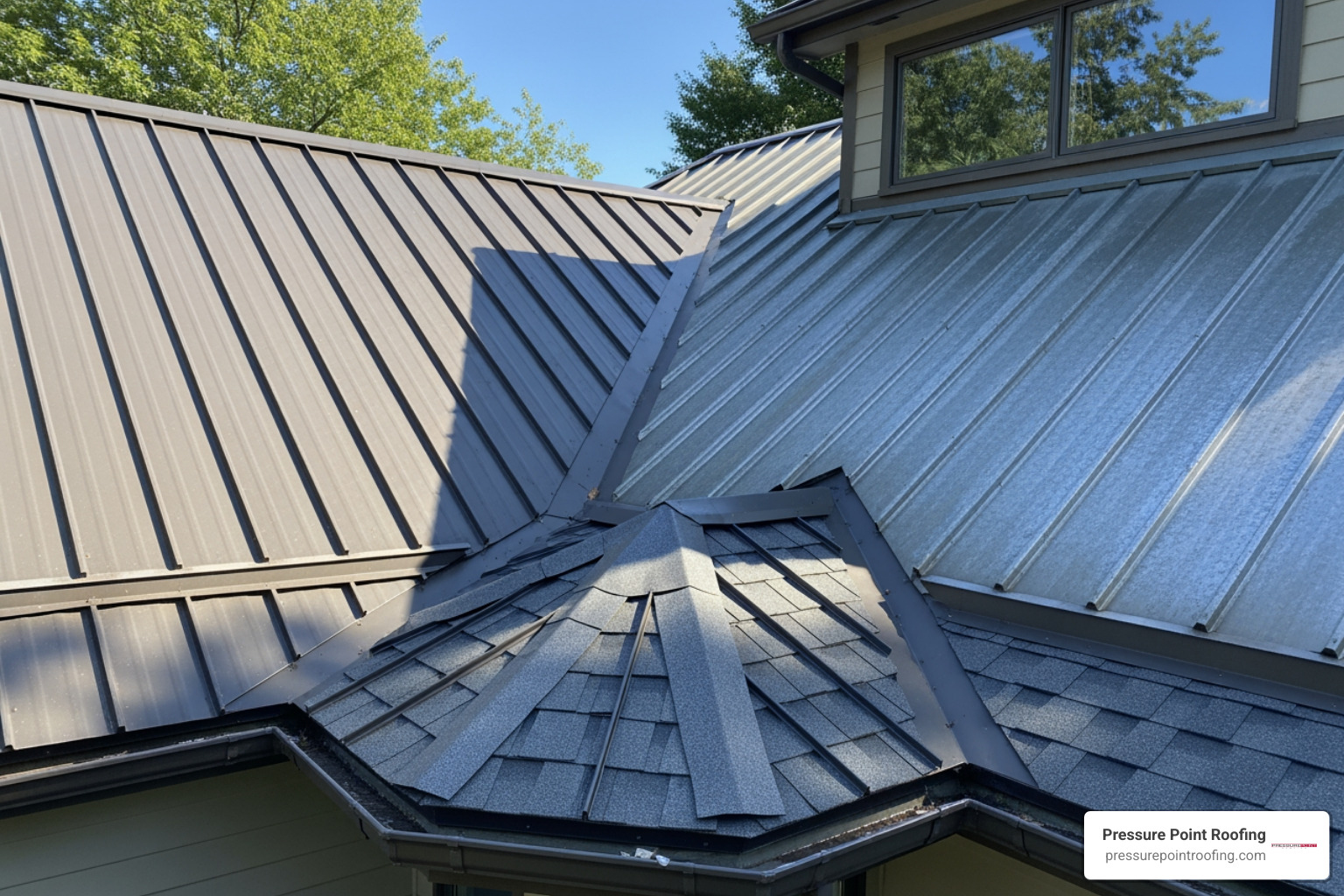 various types of metal roofing systems on a residential roof - Local metal roofers