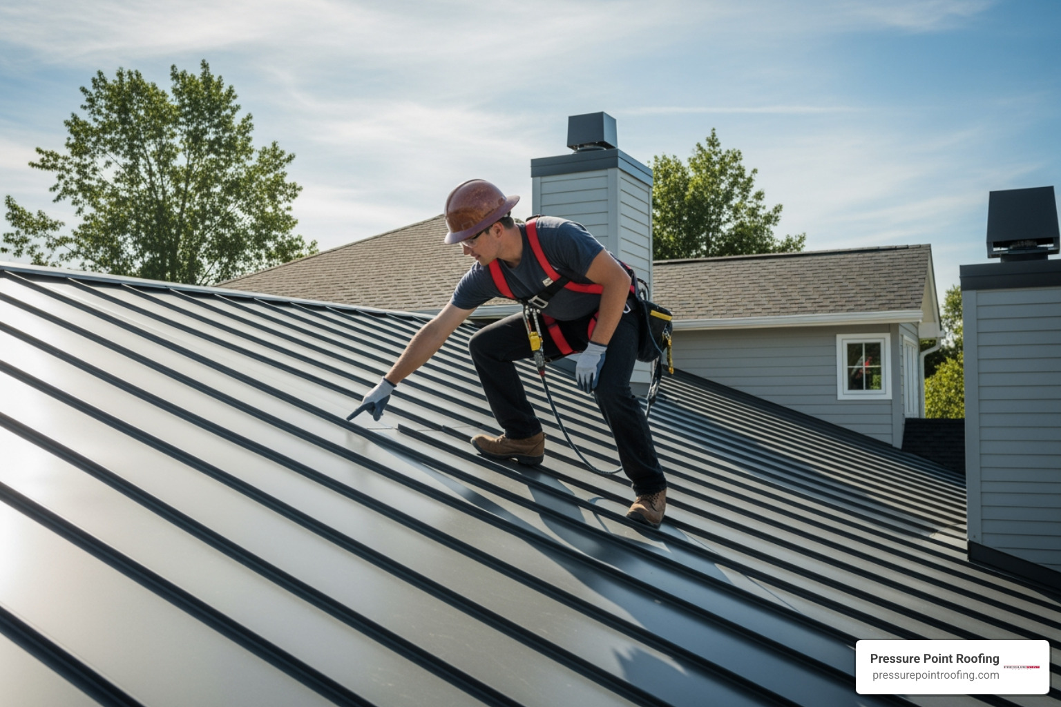 roofer inspecting a metal roof on a sunny day - Local metal roofers