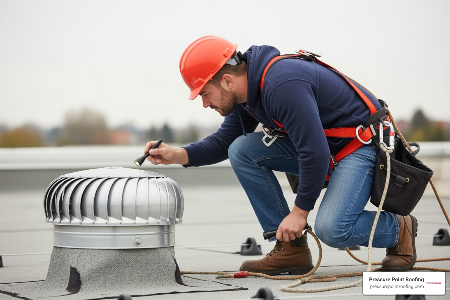 Image of a roofing professional inspecting a commercial roof vent - commercial roof inspection in medford, or