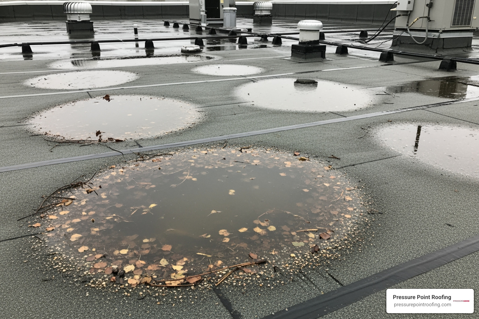 Image of ponding water on a flat roof - commercial roof inspection in medford, or