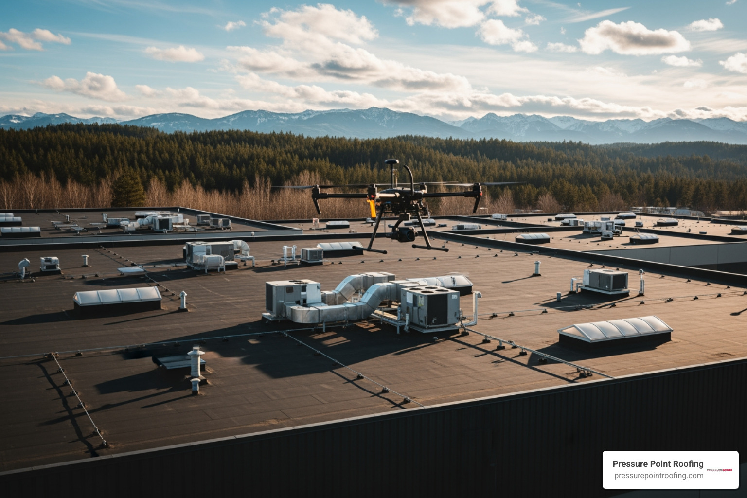 drone flying over a commercial property in Oregon - commercial roof inspection in central point, or drone flying over a commercial property in Oregon - commercial roof inspection in central point, or