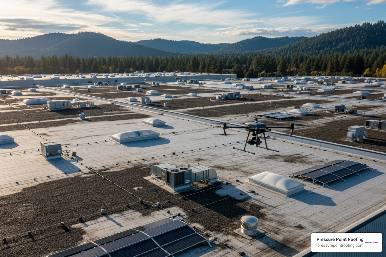 A high-resolution drone flying over a large commercial roof in Southern Oregon, capturing detailed imagery for inspection purposes. - commercial roof inspection in ashland, or A high-resolution drone flying over a large commercial roof in Southern Oregon, capturing detailed imagery for inspection purposes. - commercial roof inspection in ashland, or