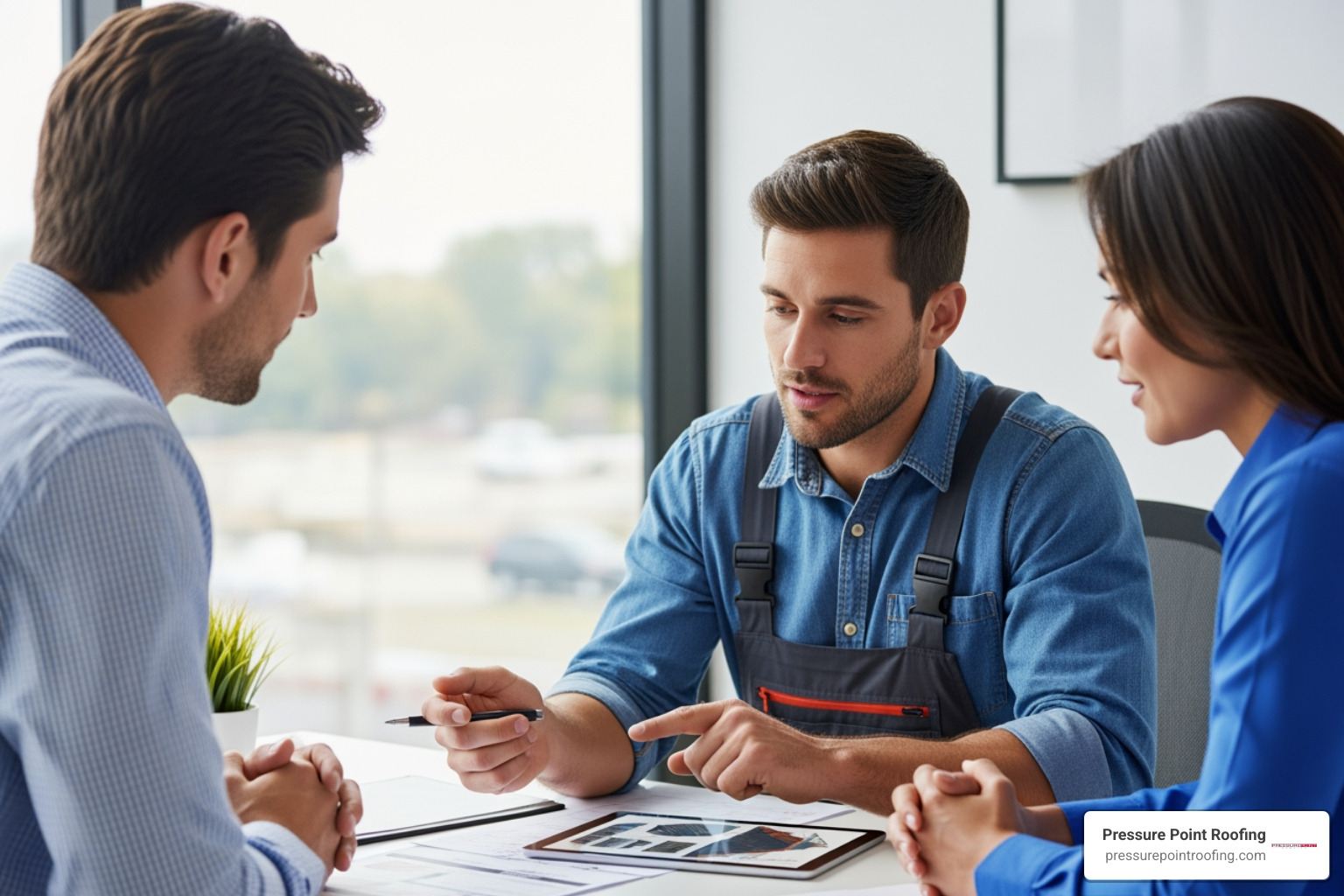 roofer explaining a proposal to a business owner - commercial roofing in klamath falls, or roofer explaining a proposal to a business owner - commercial roofing in klamath falls, or