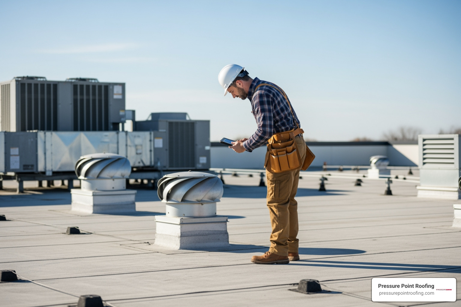 A professional roofer inspecting a commercial roof - emergency commercial roof maintenance in gold hill, or