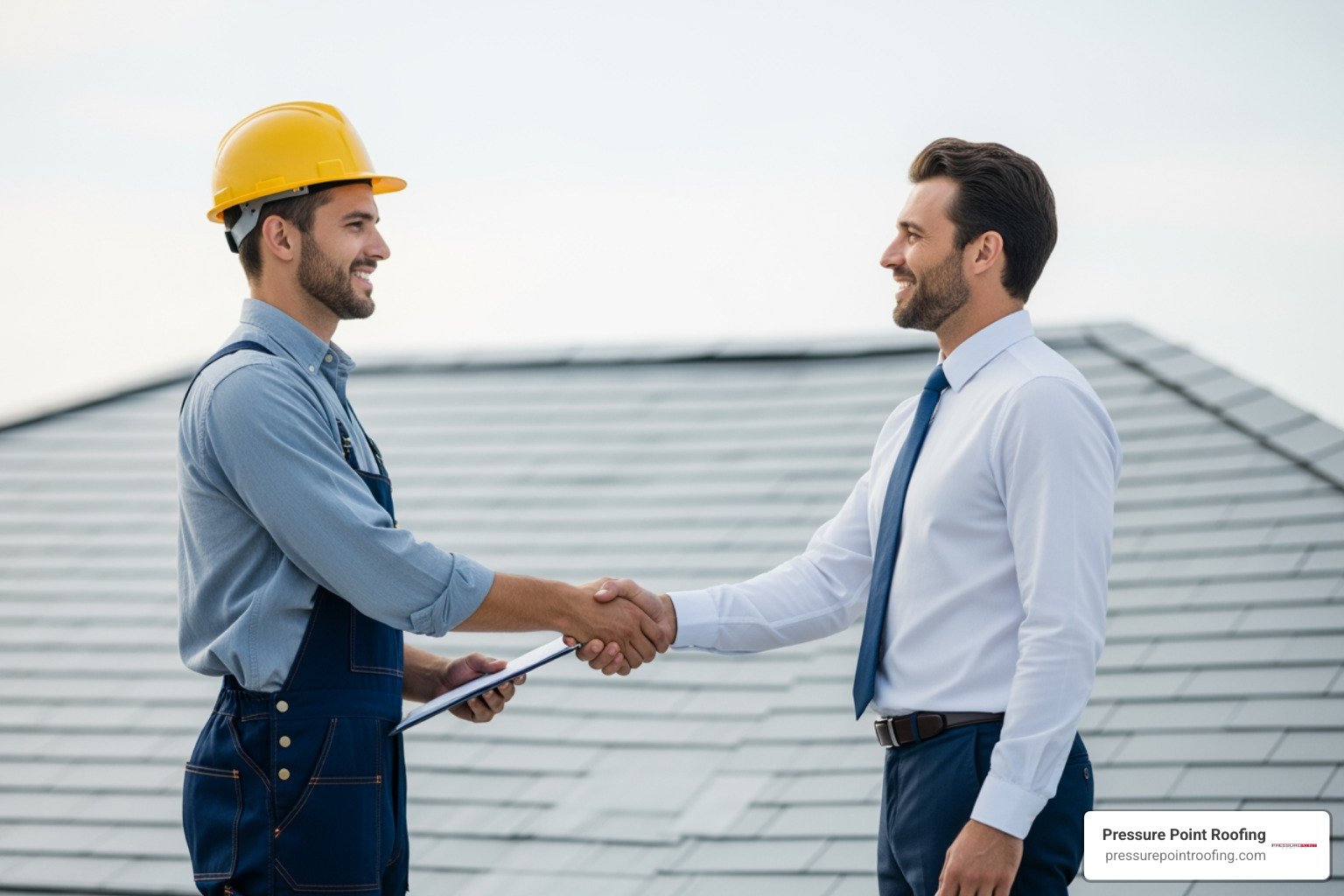 final roof inspection with a satisfied business owner - commercial roofing in brookings, or