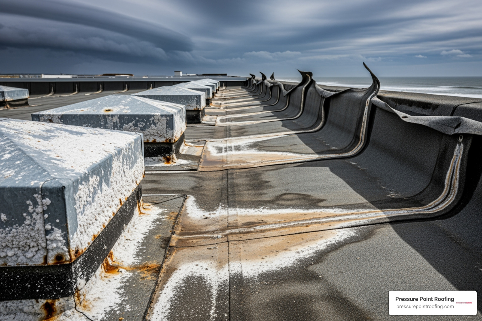 Infographic explaining the impact of salt, wind, and rain on different roofing materials - commercial roofing in brookings, or