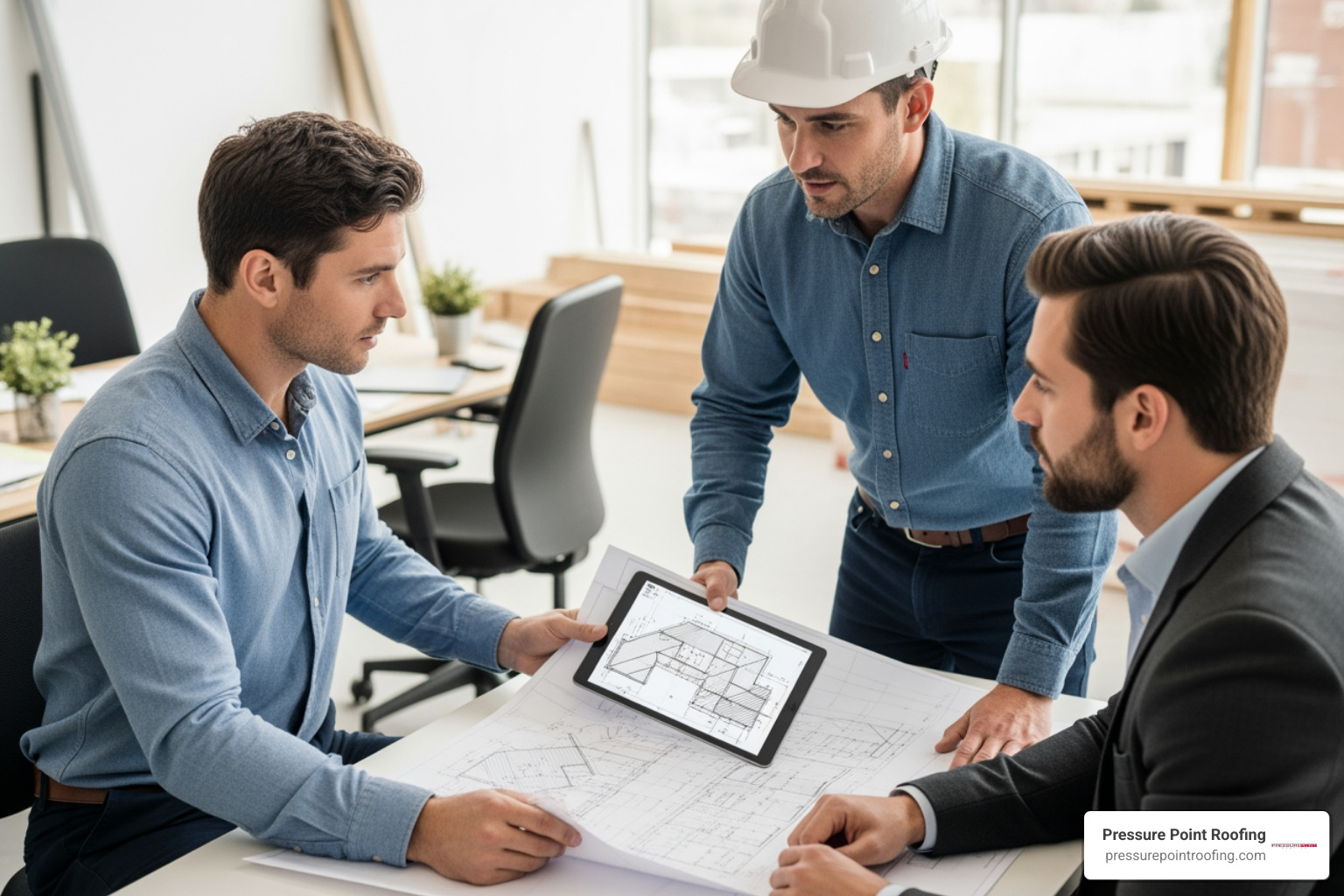 contractor showing a business owner a roofing plan - commercial roofing in brookings, or