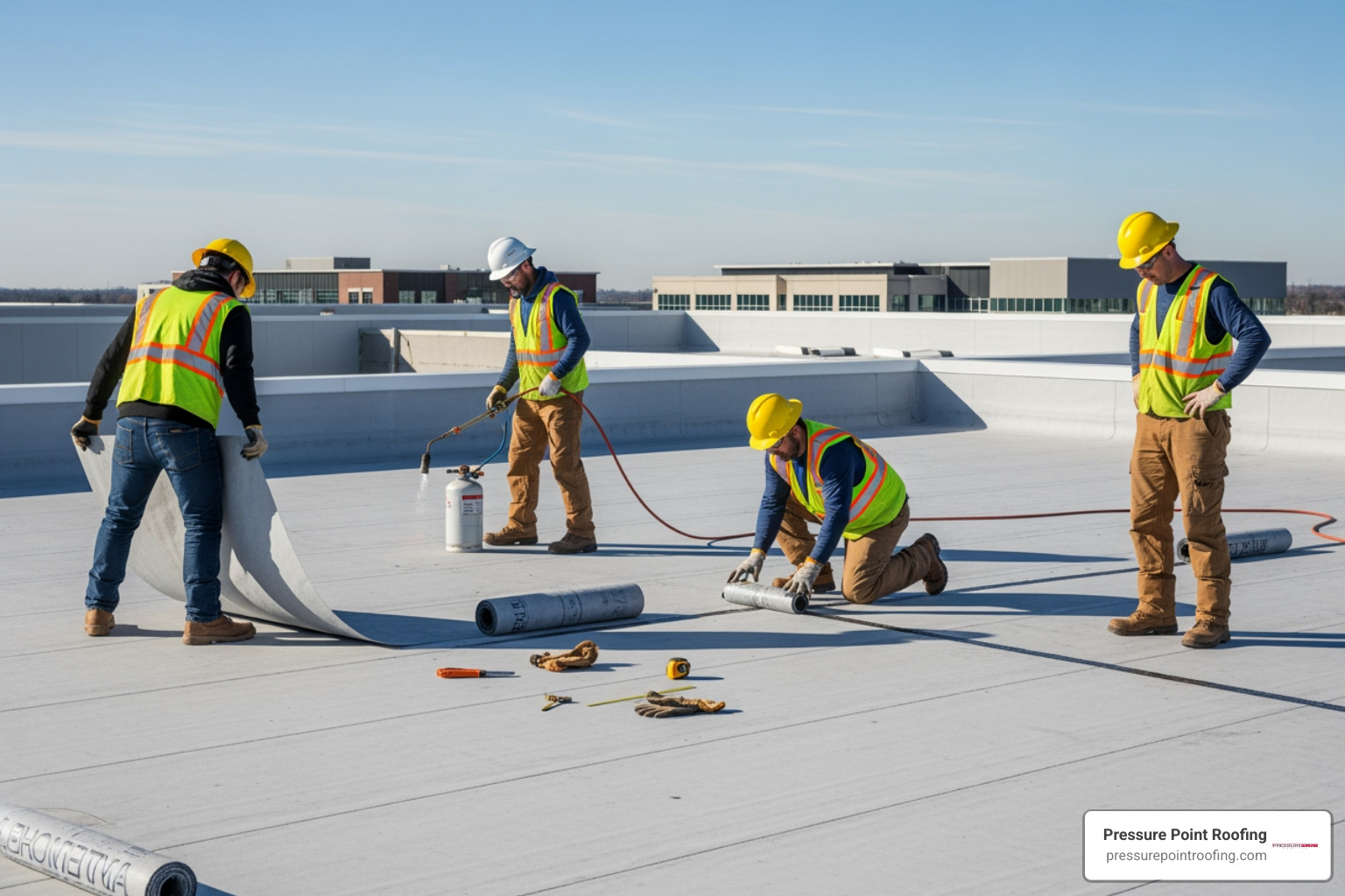 professional roofing crew working on a large commercial building - commercial roofing in brookings, or