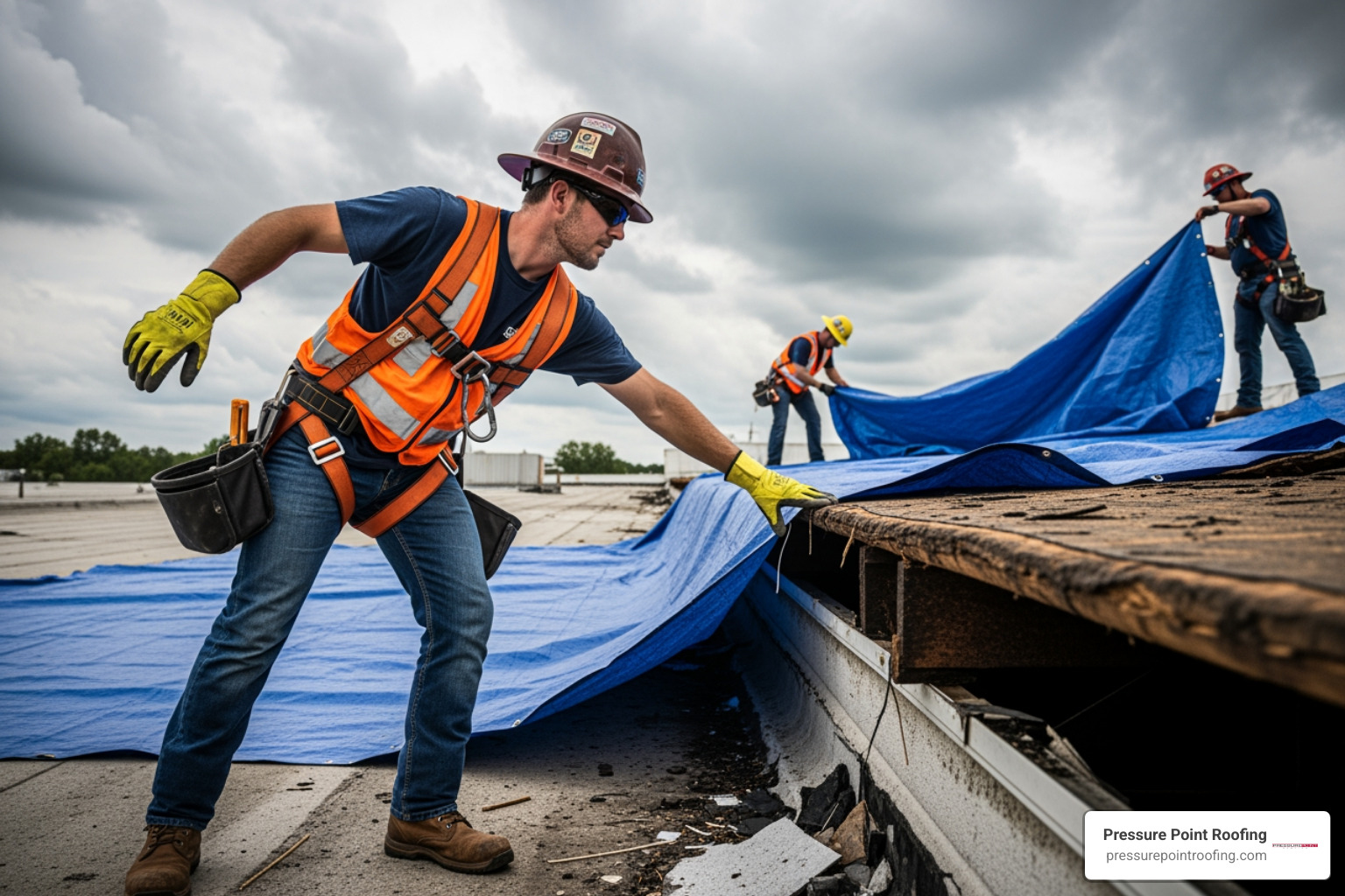 infographic showing emergency roof maintenance process: immediate safety check, professional inspection within 2-4 hours, temporary protection installed, damage documentation for insurance, permanent repair plan developed - emergency commercial roof maintenance in gold hill, or