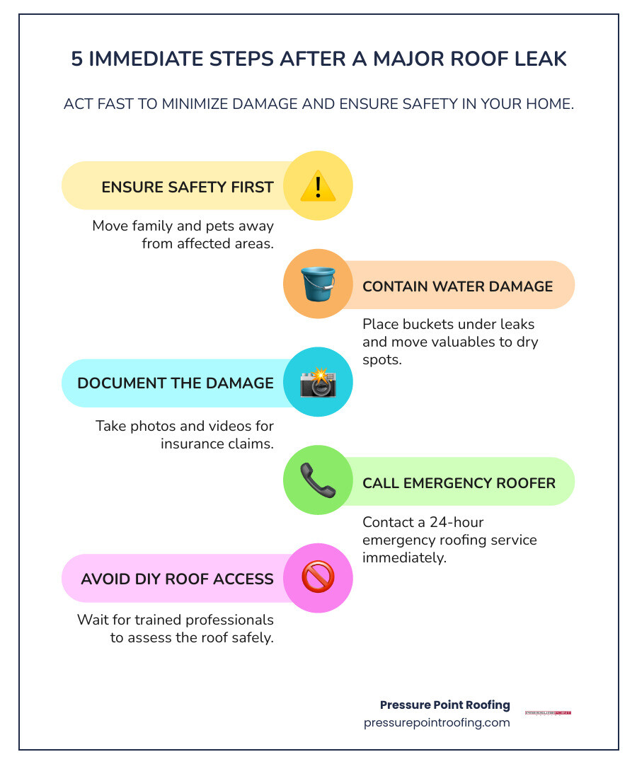 Infographic showing 5 immediate steps after discovering a major roof leak: 1. Ensure safety - move family and pets away from affected areas, 2. Contain water damage - place buckets under leaks and move valuables, 3. Document the damage - take photos for insurance claims, 4. Call a 24-hour emergency roofing service immediately, 5. Avoid DIY roof access - wait for professionals to assess safely - 24 hour metal roofing in brookings, or infographic infographic-line-5-steps-colors