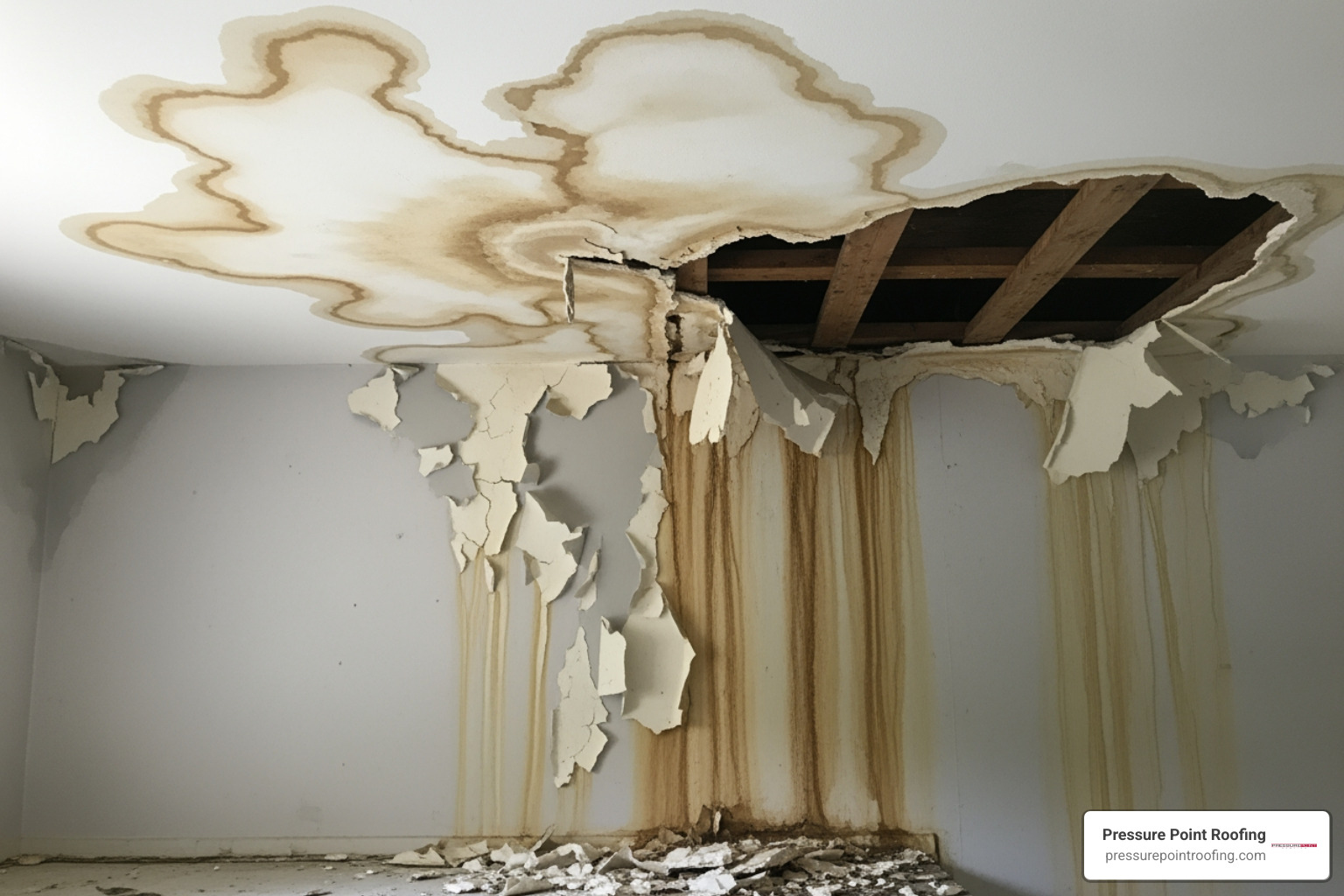 water damage on an interior ceiling and wall - 24 hour metal roofing in brookings, or